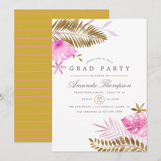 Invitation Fête de remise des diplômes aux feuilles tropicale (Devant / Derrière)