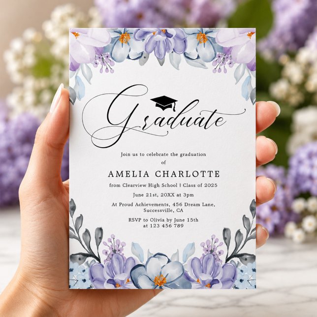 Invitation Fête de remise des diplômes aux fleurs violettes p (Créateur téléchargé)