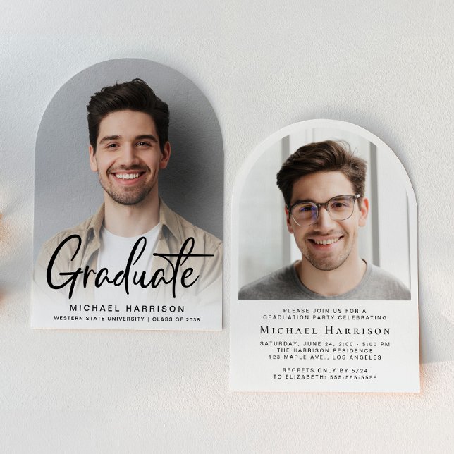 Invitation Fête de remise des diplômes avec arche moderne pho (A modern arched-shaped photo graduation party invitation to celebrate the graduate's achievements)