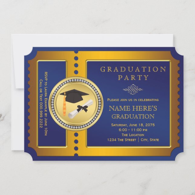Invitation Fête de remise des diplômes avec billet bleu et or (Devant)