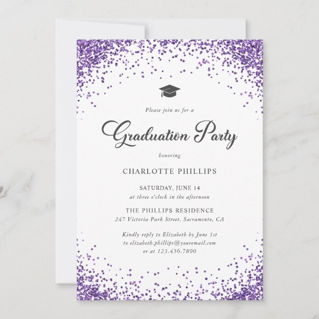 Invitation Fête de remise des diplômes avec confettis violets (Devant)
