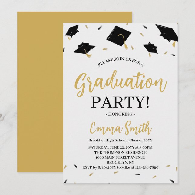Invitation Fête de remise des diplômes avec écriture dorée mo (Devant / Derrière)