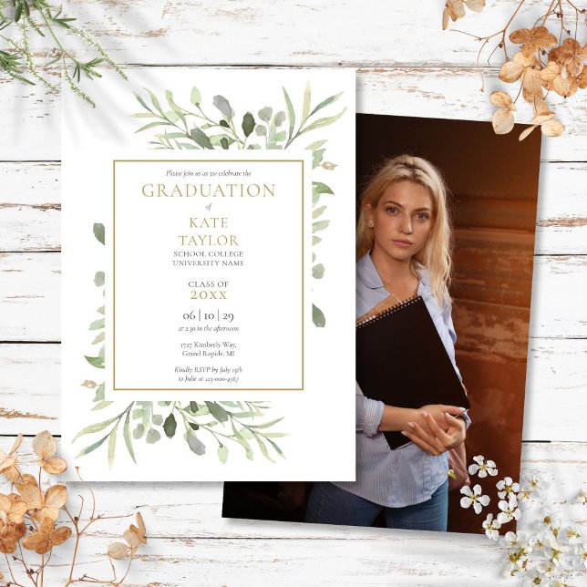 Invitation Fête de remise des diplômes avec photo de verdure  (Modern Greenery Photo Graduation Party Invitation)
