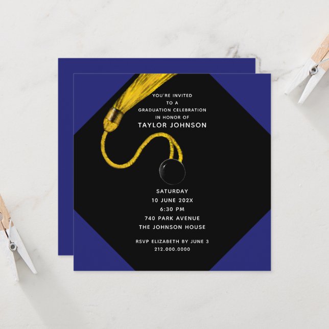 Invitation Fête de remise des diplômes bleu royal (Devant/Arrière en situation)