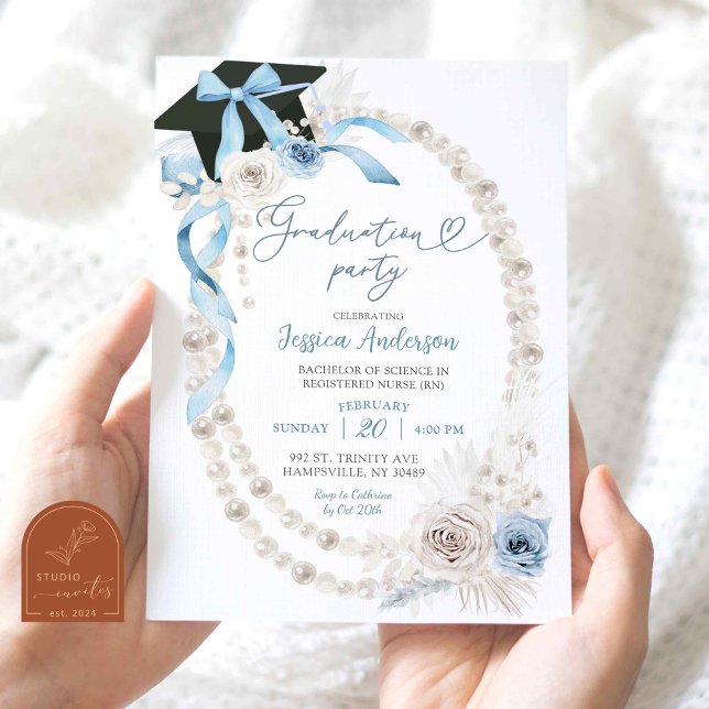 Invitation Fête de remise des diplômes Blue Boho Coquette Bow (Créateur téléchargé)
