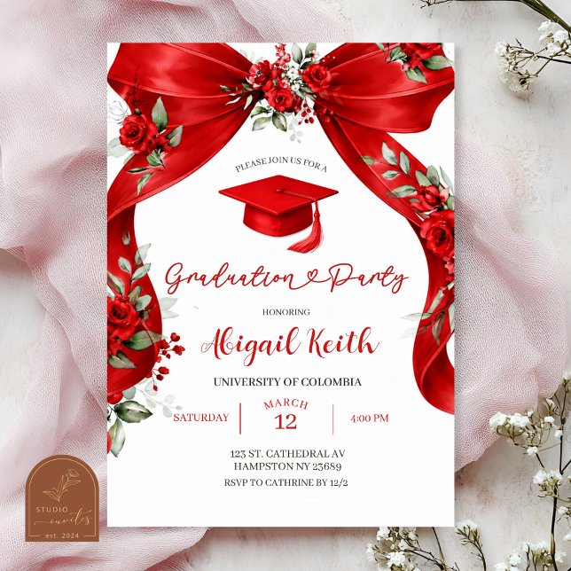 Invitation Fête de remise des diplômes Coquette avec ruban ro (Créateur téléchargé)