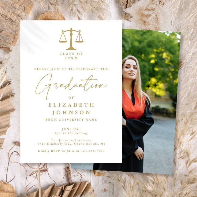 Invitation Fête de remise des diplômes de la faculté de droit (Gold Script Law School Photo Graduation Party Invitation)