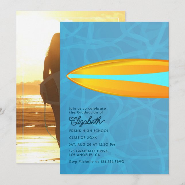 Invitation Fête de remise des diplômes de plage de surfeur tu (Devant / Derrière)