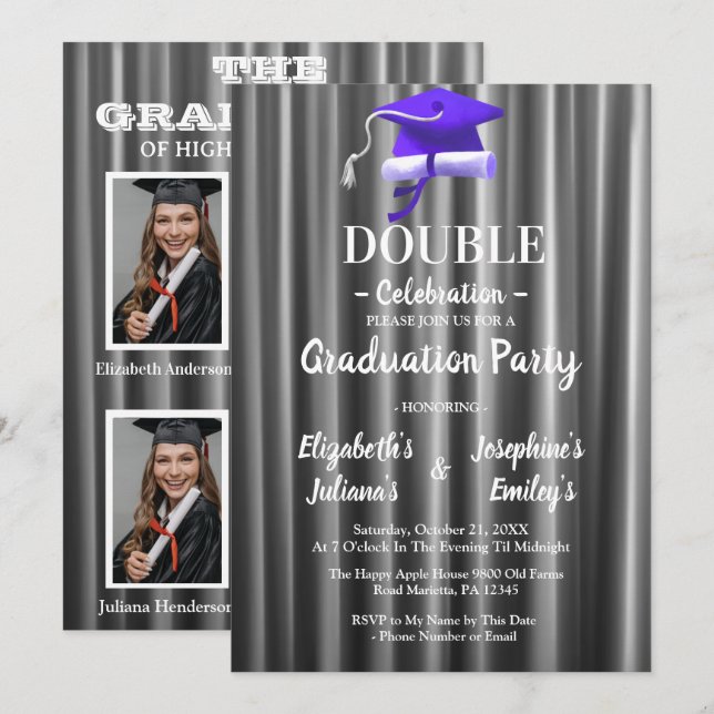 Invitation Fête de remise des diplômes double Violet Célébrat (Devant / Derrière)