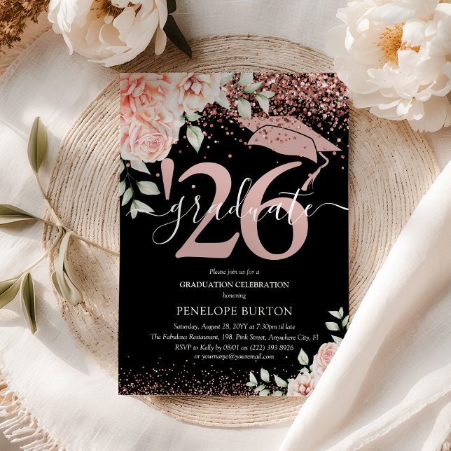 Invitation Fête de remise des diplômes élégante avec fleurs r (Créateur téléchargé)
