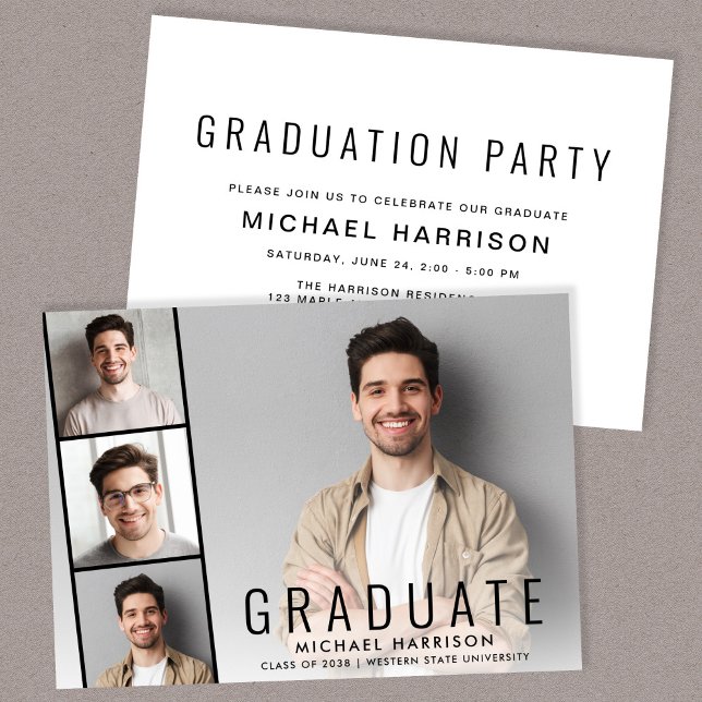 Invitation Fête de remise des diplômes en collage photo moder (A personalized photo graduation party invitation to celebrate the graduate's achievements)