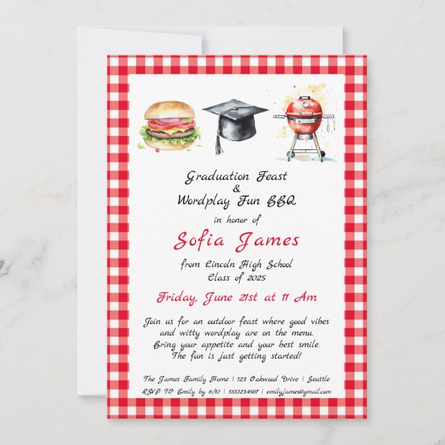 Invitation Fête de remise des diplômes et BBQ de jeux de mots (Devant)