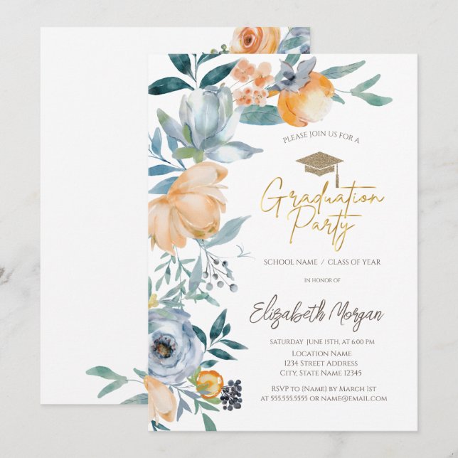 Invitation Fête de remise des diplômes Fleurs pastel aquarell (Devant / Derrière)