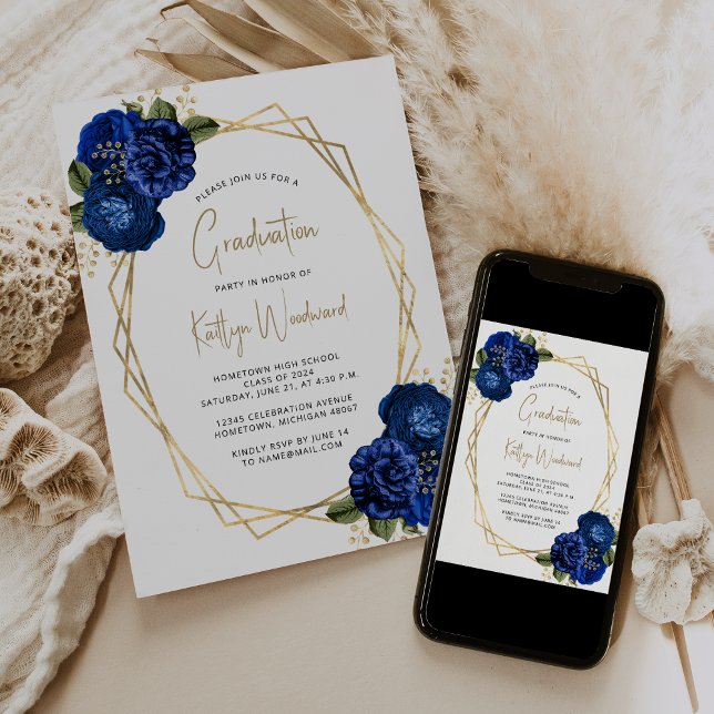 Invitation Fête de remise des diplômes florale bleu royal de  (Créateur téléchargé)