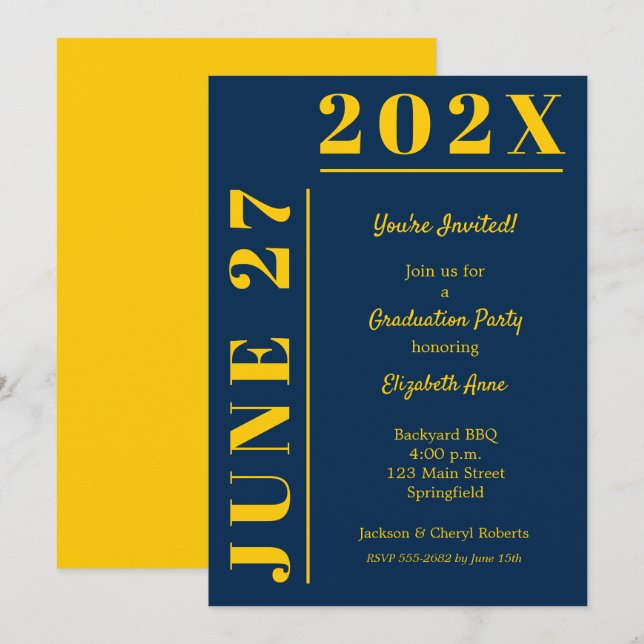 Invitation Fête de remise des diplômes jaune et bleu (Devant / Derrière)