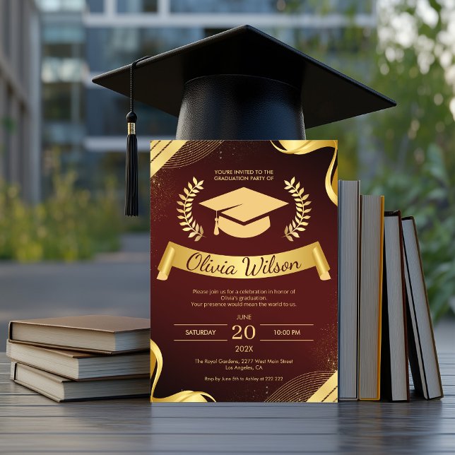 Invitation Fête de Remise des Diplômes Luxe Rouge et Or (Créateur téléchargé)