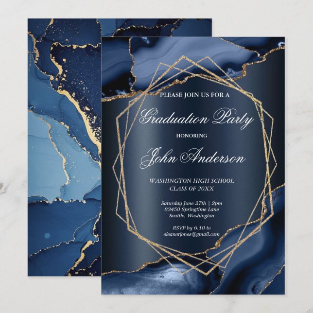 Invitation Fête de remise des diplômes Marbre Bleu Or Aquarel (Devant / Derrière)
