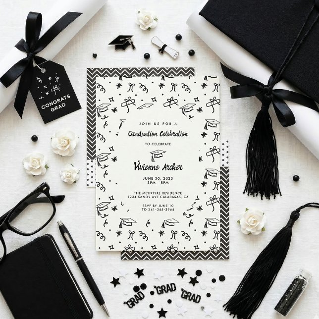 Invitation Fête de remise des diplômes moderne en noir et bla (Black and White Doodle Graduation Invite)