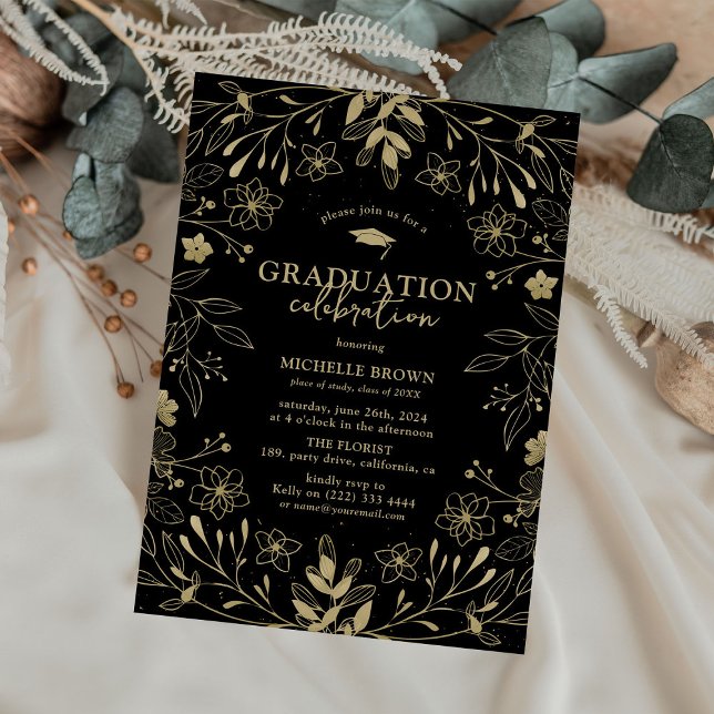 Invitation Fête de remise des diplômes noir et or botanique (Créateur téléchargé)