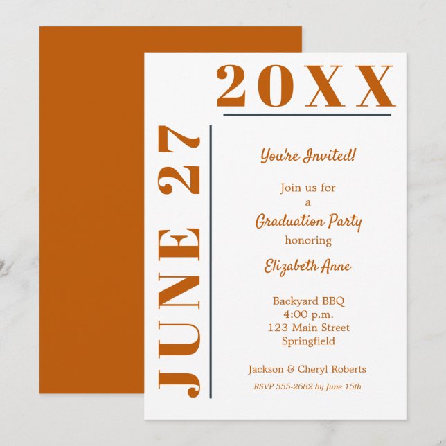 Invitation Fête de remise des diplômes orange brûlé blanc (Devant / Derrière)