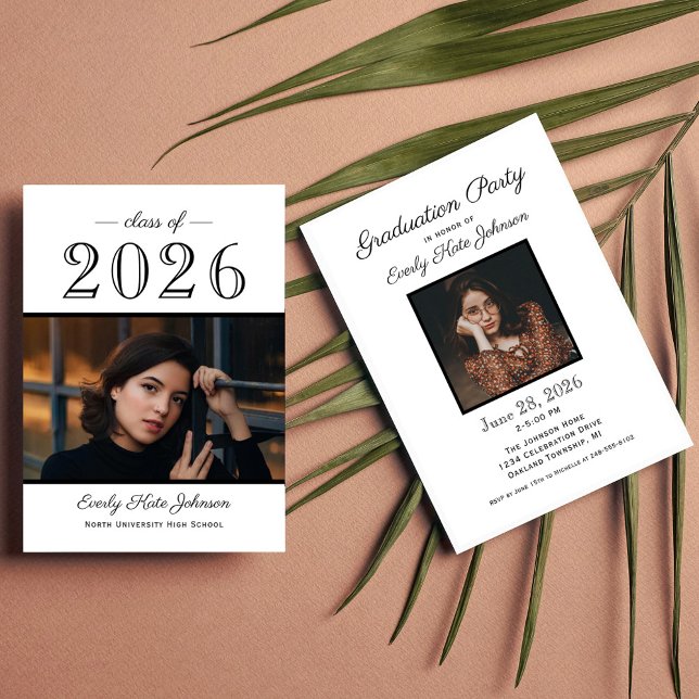 Invitation Fête de remise des diplômes Photo Noir Blanc 2026 (Créateur téléchargé)