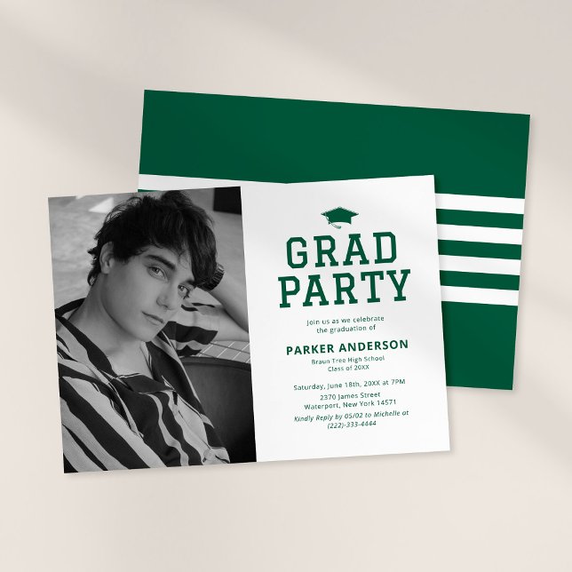 Invitation Fête de remise des diplômes photo Vert Varsity (Créateur téléchargé)