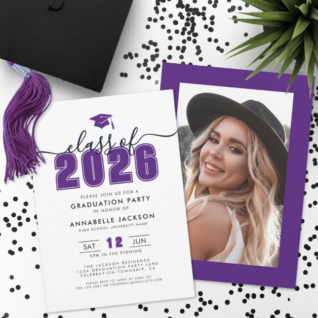 Invitation Fête de remise des diplômes Photo Violet (Purple Photo Graduation Party Invitation)