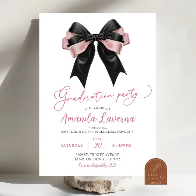 Invitation Fête de remise des diplômes ruban noir et rose Coq (Créateur téléchargé)