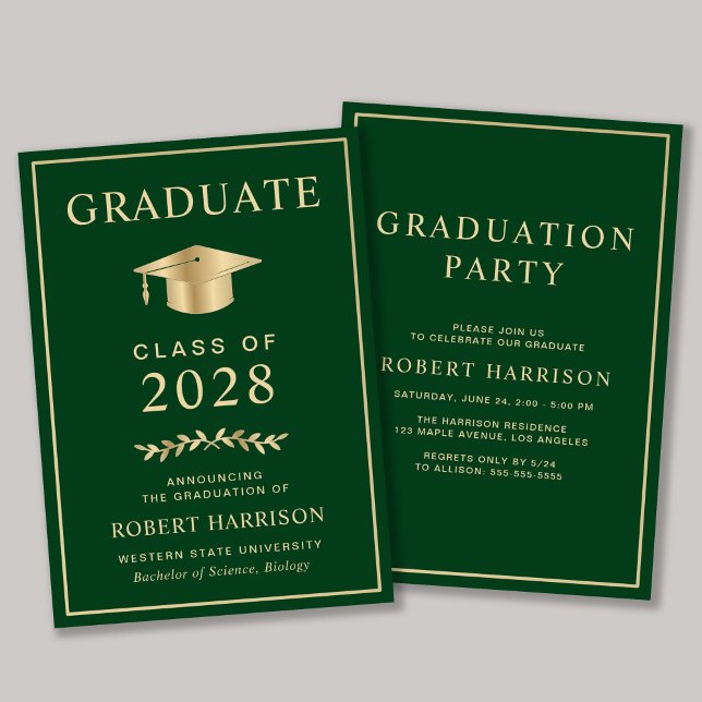 Invitation Fête de remise des diplômes universitaire vert élé (An elegant college graduation party invitation to celebrate the graduate's achievements)