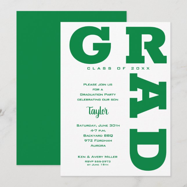 Invitation Fête de remise des diplômes vert et blanc (Devant / Derrière)