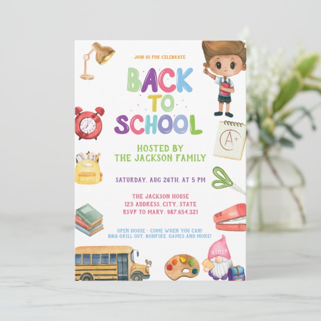 Invitation Fête de rentrée scolaire aquarelle colorée (Debout devant)