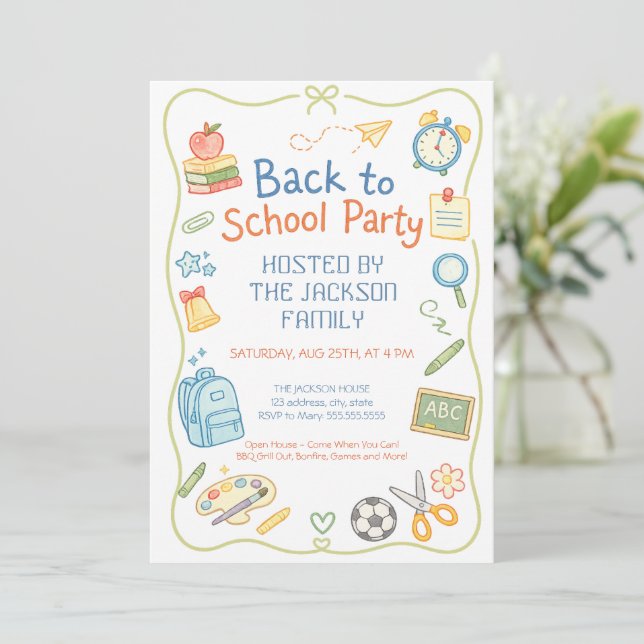 Invitation Fête de rentrée scolaire dessinée à la main avec a (Debout devant)