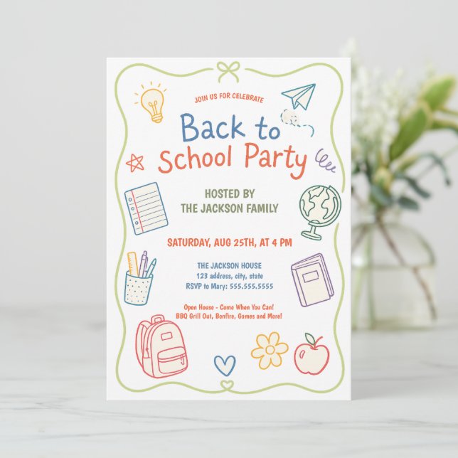 Invitation Fête de rentrée scolaire Pastel Doodle (Debout devant)