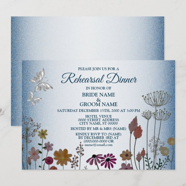 Invitation Fête de répétition de mariage pailletée de bleu fl (Devant / Derrière)