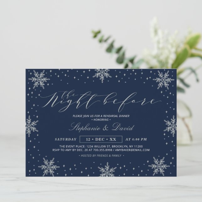 Invitation Fête de répétition d'hiver Silver & Navy Snow (Debout devant)