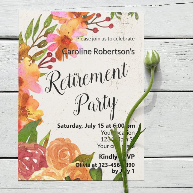 Invitation Fête de retraite à l'aquarelle florale (Créateur téléchargé)