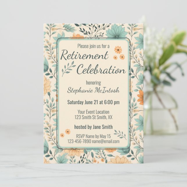 Invitation Fête de retraite à thème Fleurs Rétro (Debout devant)