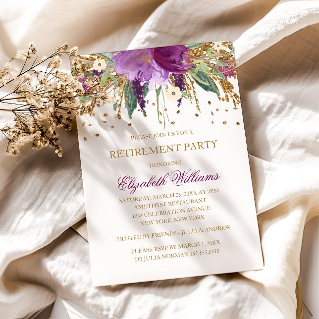 Invitation Fête de retraite Améthyste pailletée avec scintill (Créateur téléchargé)