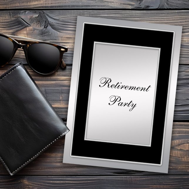 Invitation Fête de retraite argent noir pour hommes (Mans classic retirement party invitation. All text, font and wording can be changed for your event.)