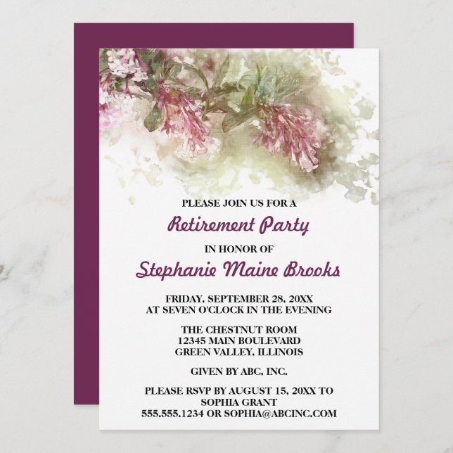 Invitation Fête de retraite au jasmin violet aquarelle (Devant / Derrière)