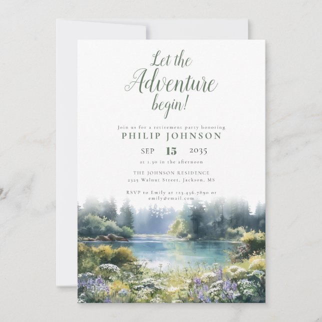 Invitation Fête de retraite au lac de la forêt d'aventure déb (Devant)