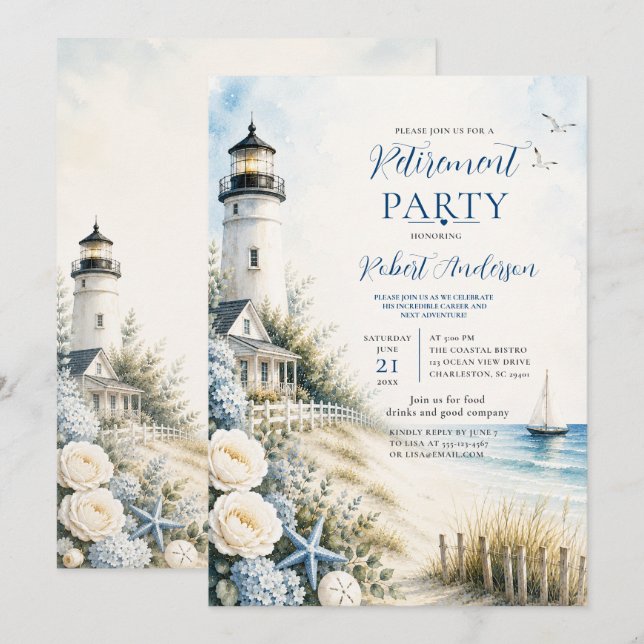 Invitation Fête de retraite au phare côtier (Devant / Derrière)
