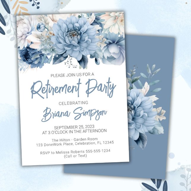 Invitation Fête de retraite aux fleurs bleues poussiéreuses (Créateur téléchargé)