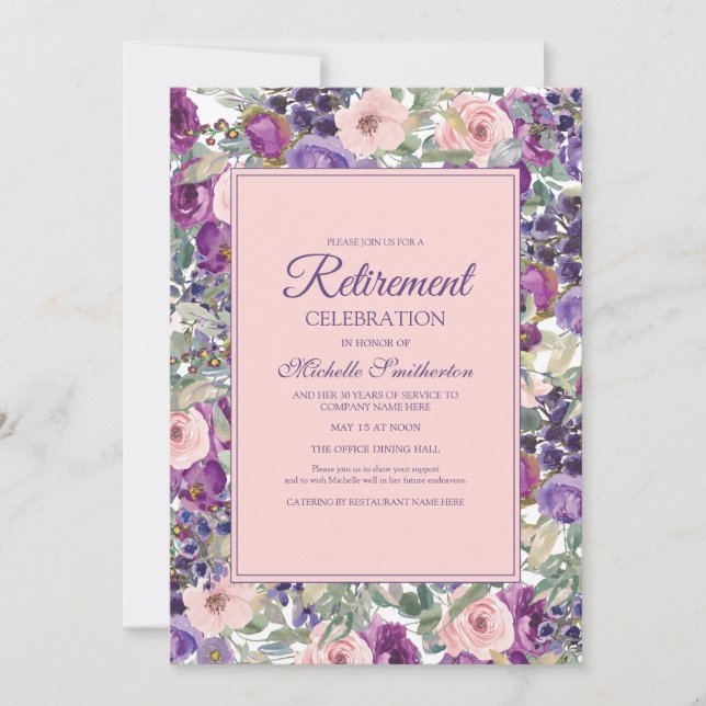 Invitation Fête de retraite aux fleurs roses et violettes (Devant)