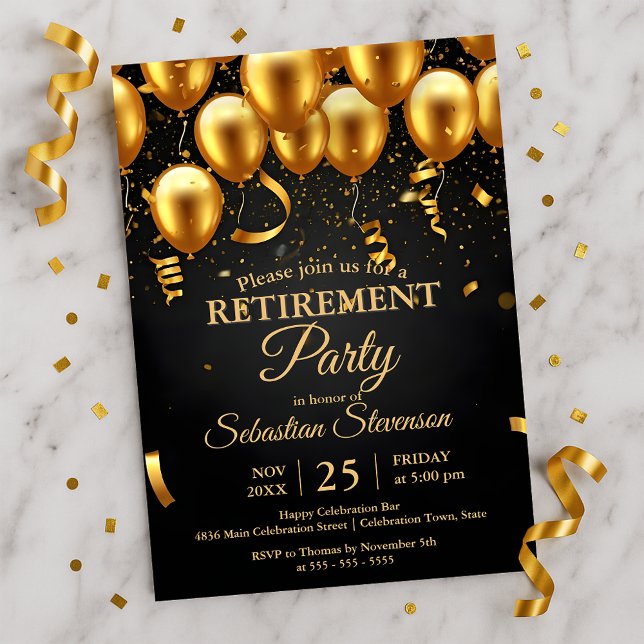 Invitation Fête de retraite avec ballons dorés chic et confet (Créateur téléchargé)