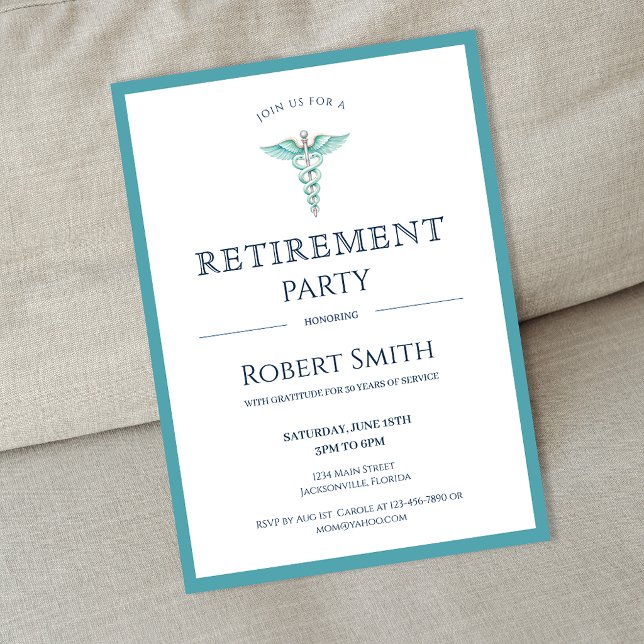 Invitation Fête de retraite avec caducée médical moderne (Modern Medical Caduceus Retirement Party Invitation)