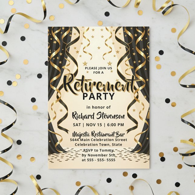 Invitation Fête de retraite avec des serpentins noirs et or é (Créateur téléchargé)