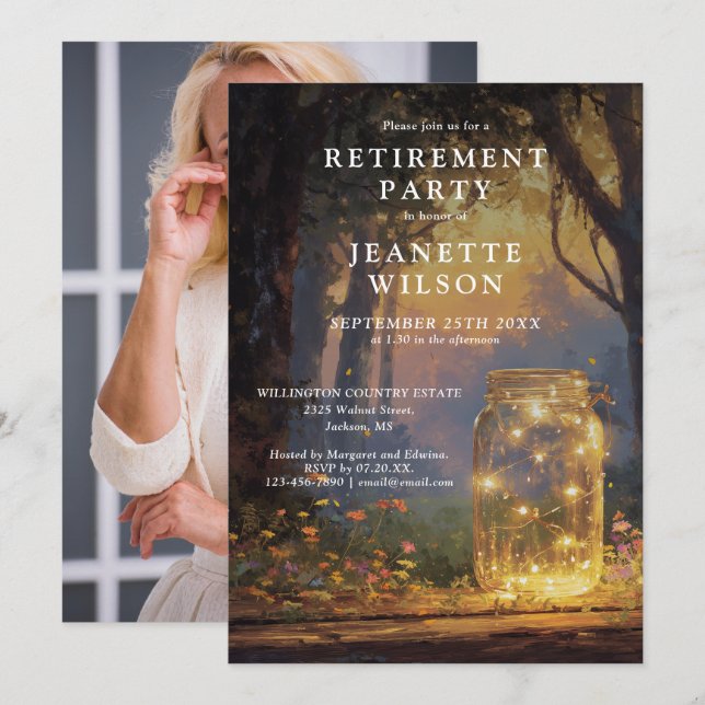 Invitation Fête de retraite avec photo de bocal Mason de forê (Devant / Derrière)