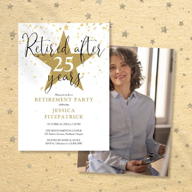 Invitation Fête de retraite avec photo et étoiles dorées mode (Modern Gold Stars Photo Retirement Party Invitation)