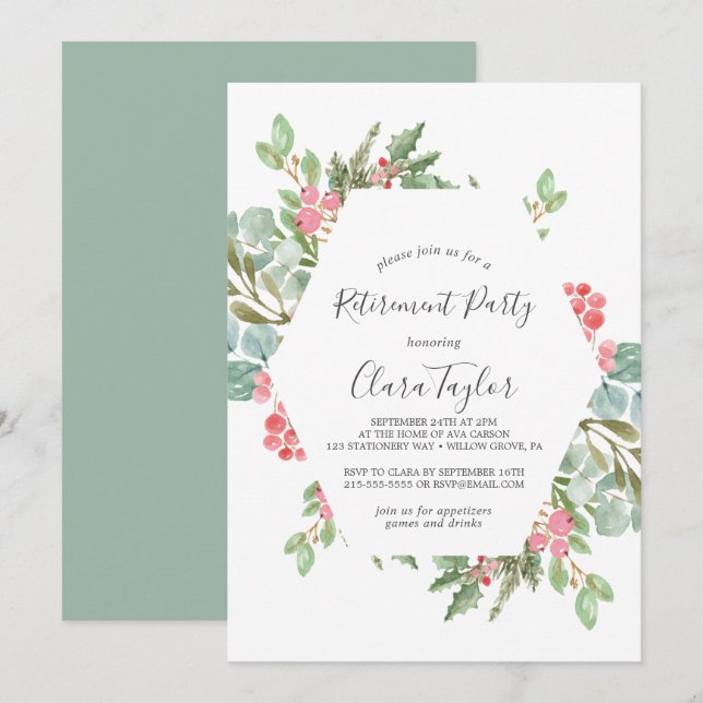 Invitation Fête de retraite avec verdure de Noël et baies rou (Devant / Derrière)